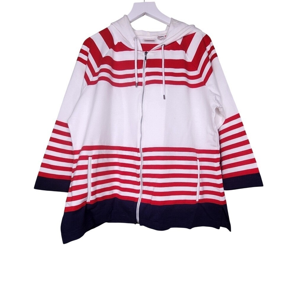 Weekend by Chicos Hooded Sweatshirt Red White Blue Stripe Pockets Zip Casual 1 M